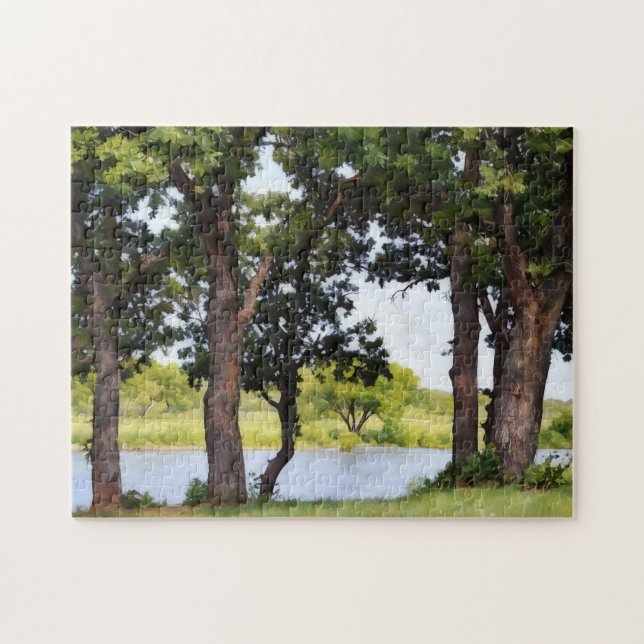 Träd vid den fredliga sjön Natur Art Pussel (Horisontell)