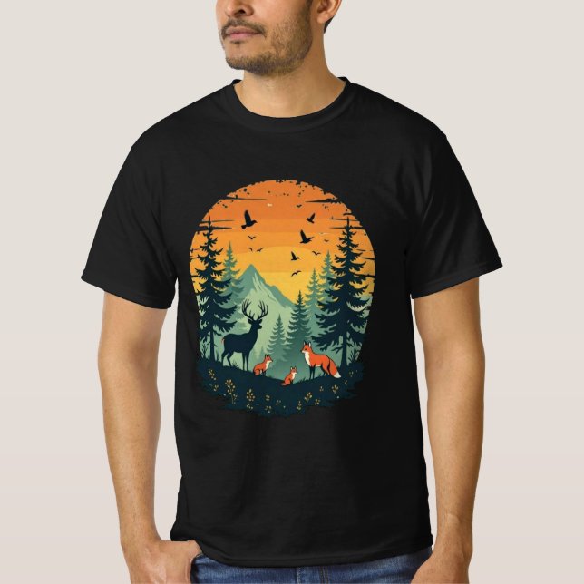 Träd Vilda Djur Natur Vintage Skog T-Shirt (Framsida)
