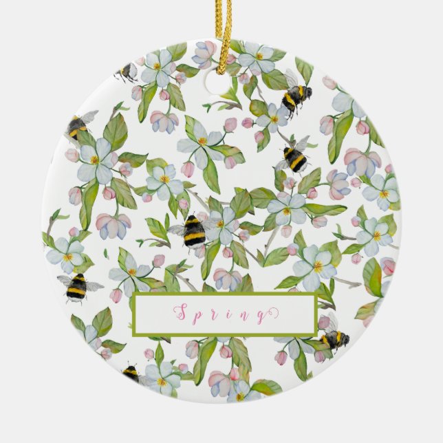 Trädblommor och humlor i vår julgransprydnad keramik (Framsidan)