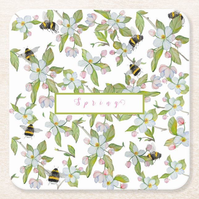 Trädblommor och humlor i vår underlägg papper kvadrat (Framsidan)