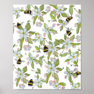 Trädblommor och humlor i vattenfärg mönster poster