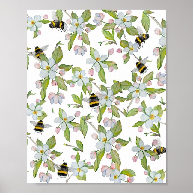 Trädblommor och humlor i vattenfärg mönster poster (Framsidan)
