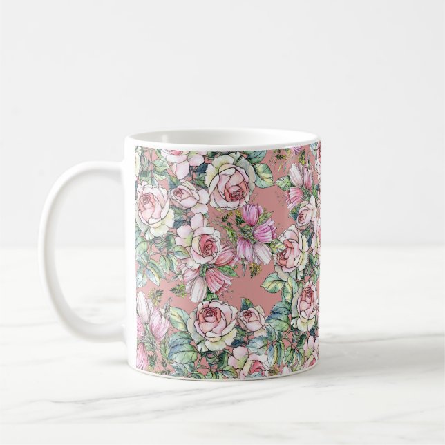Trädblommor ro med tulpaner målade i vattenko kaffemugg (Vänster)
