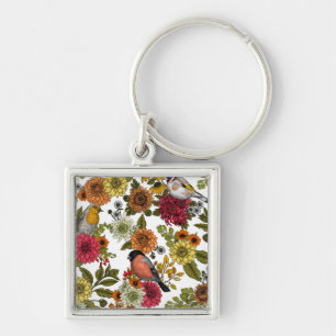 Trädfåglar och blommor 1 fyrkantig silverfärgad nyckelring