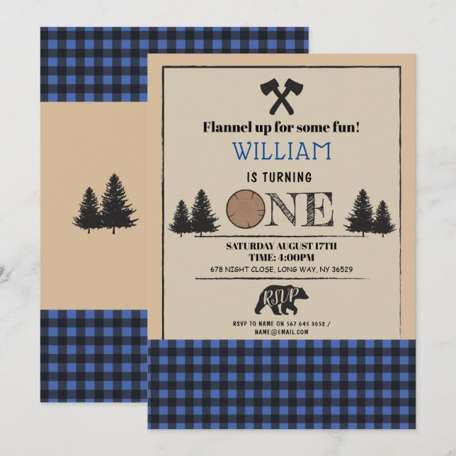 Trädfällarfödelsedagsfest ONE Första Blå Inbjudan (Fram/baksida)