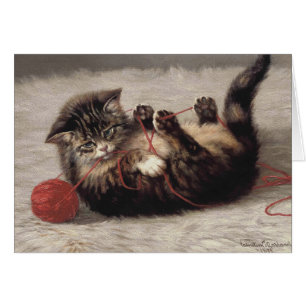 Trådfigur, en katt som leker med garnboll hälsningskort