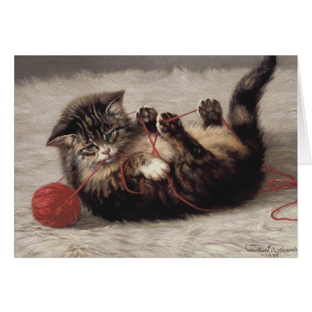 Trådfigur, en katt som leker med garnboll hälsningskort (Framsidan Horizontal)