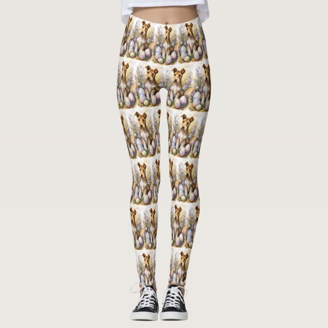 Trådfox Terrier Hund Med Påskägg Semester Leggings (Framsida)