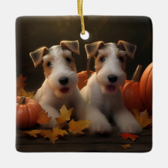 Trådfox Terrier Puppy Autumn Delight Pumpkin Julgransprydnad Keramik (Framsida)