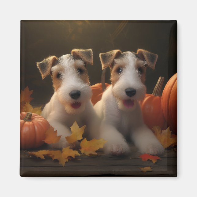Trådfox Terrier Puppy Autumn Delight Pumpkin Magnet (Framsidan)