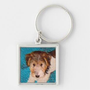 Trådfox Terrier Puppy Painting - Original Hund Art Fyrkantig Silverfärgad Nyckelring