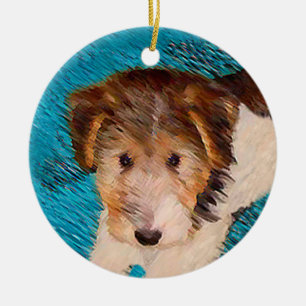 Trådfox Terrier Puppy Painting - Original Hund Art Julgransprydnad Keramik