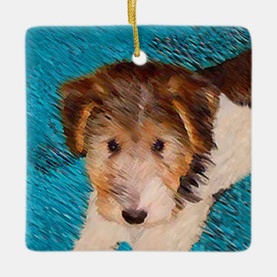 Trådfox Terrier Puppy Painting - Original Hund Art Julgransprydnad Keramik