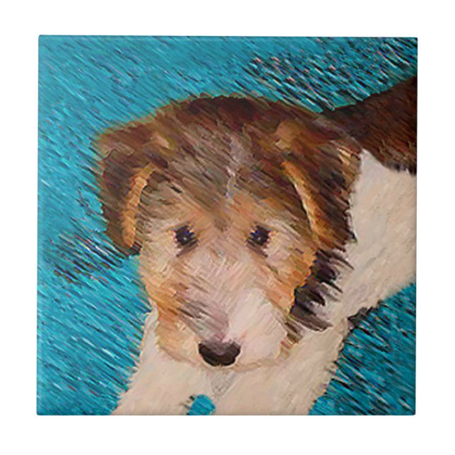Trådfox Terrier Puppy Painting - Original Hund Art Kakelplatta (Framsidan)