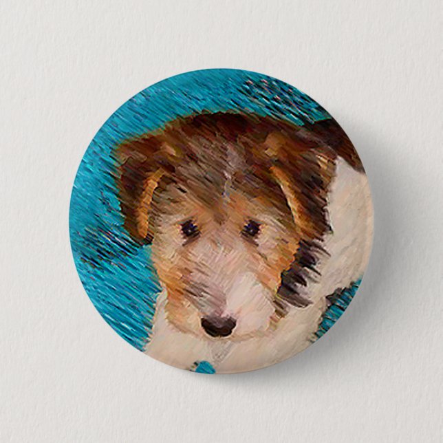 Trådfox Terrier Puppy Painting - Original Hund Art Knapp (Framsida)