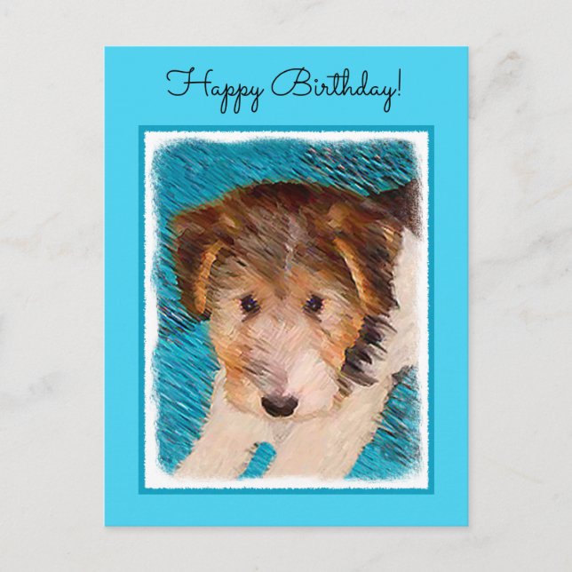 Trådfox Terrier Puppy Painting - Original Hund Art Vykort (Framsida)