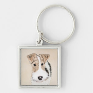 Trådfoxtererimålning - Cute Original Hund Art Fyrkantig Silverfärgad Nyckelring
