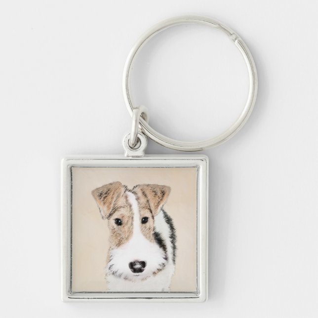 Trådfoxtererimålning - Cute Original Hund Art Fyrkantig Silverfärgad Nyckelring (Framsidan)