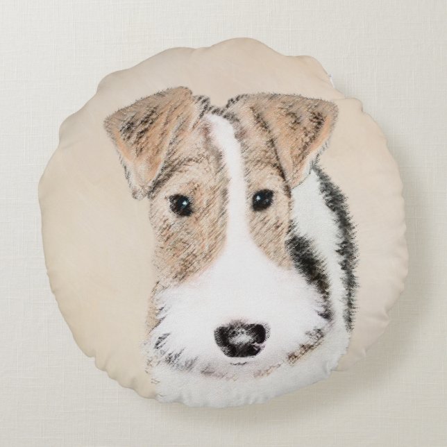 Trådfoxtererimålning - Cute Original Hund Art Rund Kudde (Baksidan)