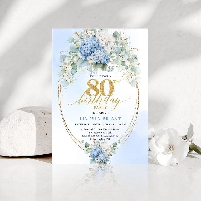 Trädgård Blå Blommig Guld 80-års Födelsedagsinbjud Inbjudningar (Garden Blue Floral Gold 80th Birthday Invitation)