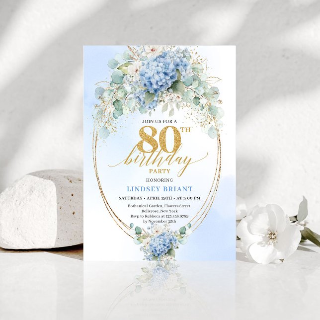 Trädgård Blå Blommig Guld 80-års Födelsedagsinbjud Inbjudningar (Garden Blue Floral Gold 80th Birthday Invitation)