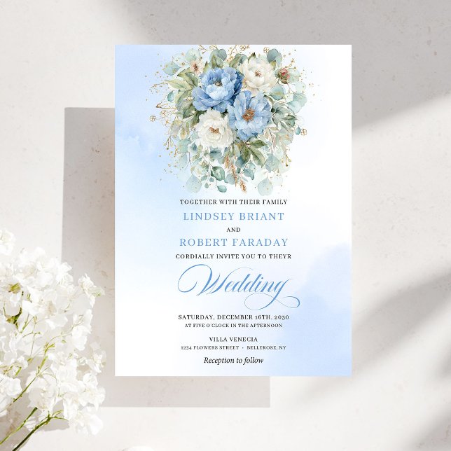 Trädgård Bohemisk Pastell Blå Vit Peony Bröllop Inbjudningar (Garden Bohemian Pastel Blue White Peony Wedding)