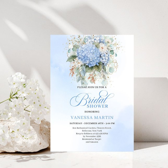 Trädgård Boho Blå Hortensia Bröllopsfest Inbjudan (Garden Boho Blue Hydrangea Bridal Shower Invitation)