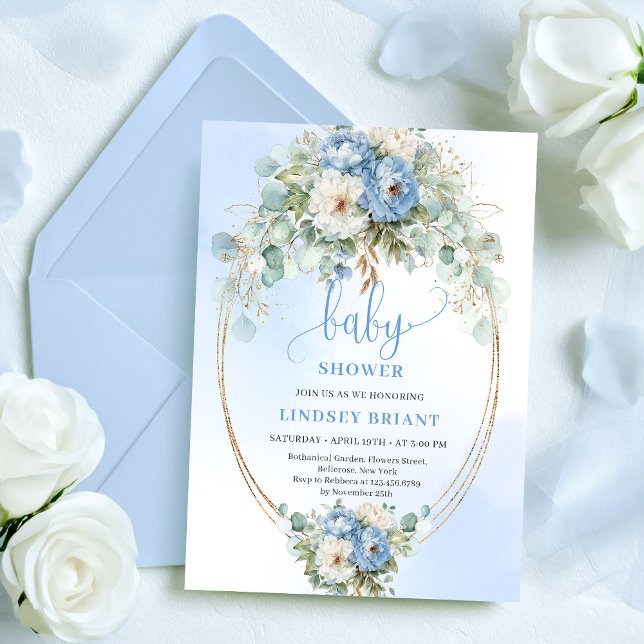 Trädgård Boho Dammig Blå Blommor Grönska Baby Show Inbjudningar (Garden Boho Dusty Blue Flowers Greenery Baby Shower)