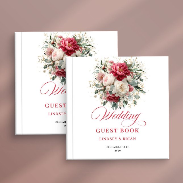 Trädgård Boho Röd Rosenskiftande Blommig Bröllopsg Gästböcker (Garden Boho Red Blush Floral Wedding Guest Book)