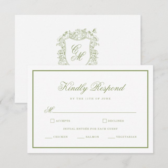 Trädgård Bröllop Sage Grön Monogram Krönika RSVP-k Tilläggskort (Fram/baksida)