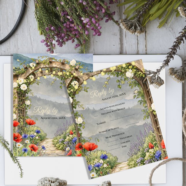 Trädgård Bröllop Svar Trä Svar Rustik Vildblomma (Wildflower Garden Arbor Wedding RSVP Card | Rustic Floral Response Card)