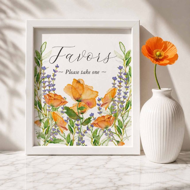 Trädgård Bröllopspresenter Tecken Sjöhäst Poster (printable garden wedding favors sign with hand painted orange poppy flowers)