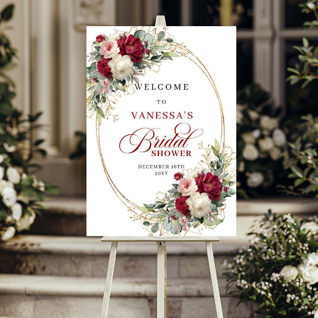 Trädgård Burgund Blommig Guld Bröllop Dusch Välkom Poster (Burgundy white flowers gold greenery bridal shower welcome

)