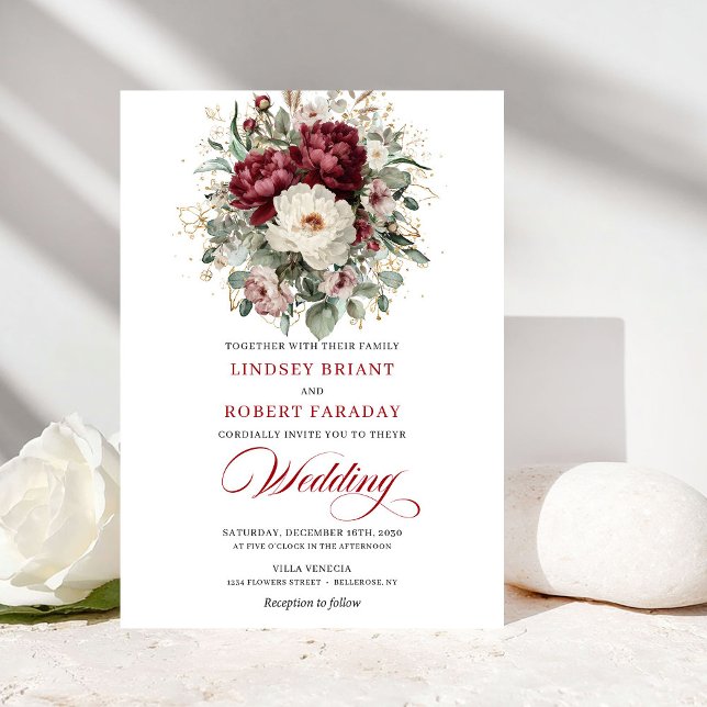 Trädgård Burgunder Vit Blommig Bröllopsinbjudan Inbjudningar (Garden Burgundy White Floral Wedding Invitation)