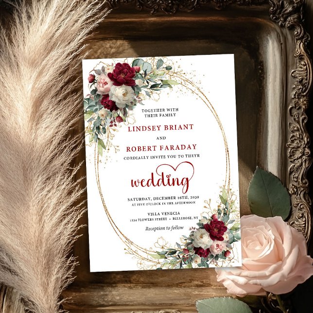 Trädgård Burgundy Bohemisk Blommig Bröllopsinbjuda Inbjudningar (Garden Burgundy Bohemian Floral Wedding Invite)