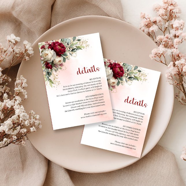 Trädgård Burgundy Vit Blommig Guld Bröllopsdetalje Tilläggskort (Garden Burgundy White Floral Gold Wedding Details Card)