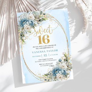 Trädgård Dammig Blå Blommig Sweet 16-årsdag Inbjudningar