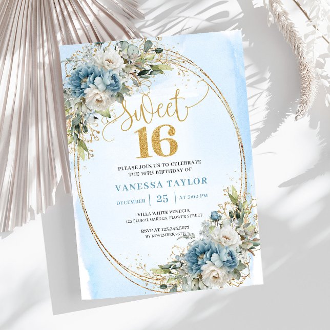 Trädgård Dammig Blå Blommig Sweet 16-årsdag   Inbjudningar (Garden Dusty Blue Floral Sweet 16th Birthday Invite)
