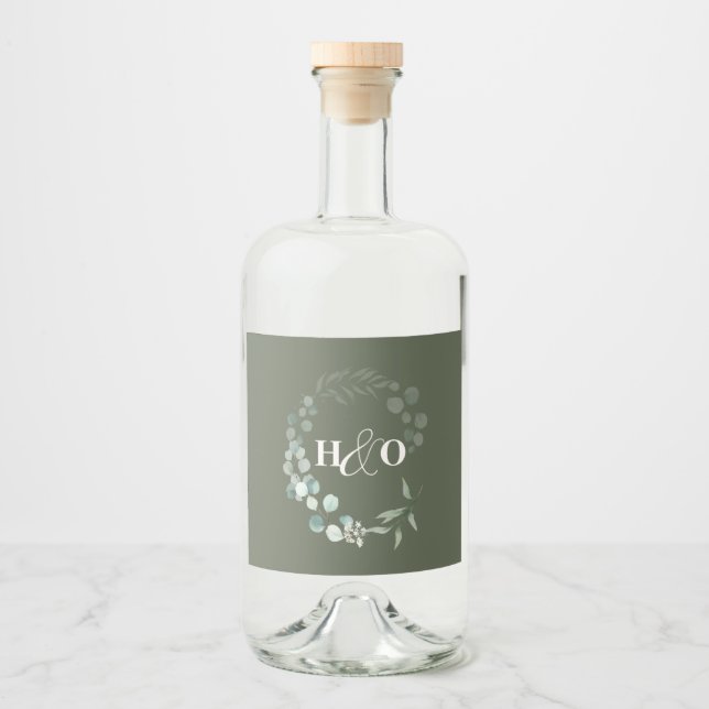 Trädgård Eukalyptus Monogram Bröllop Spritflaskor Etikett (Framsida)