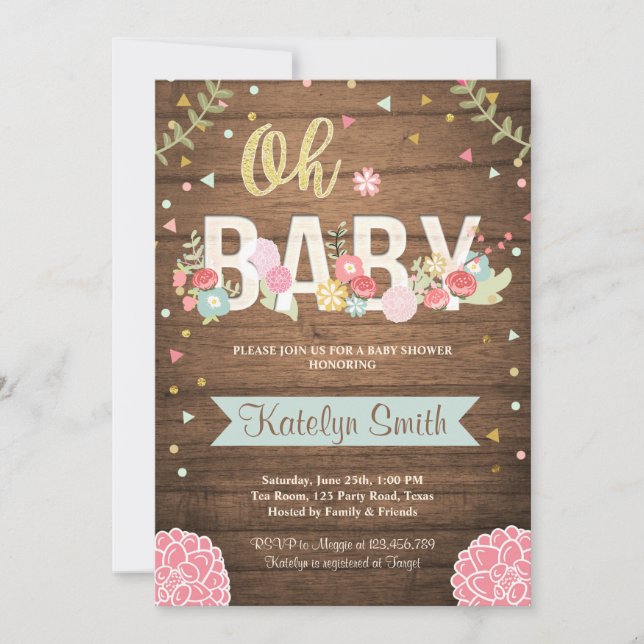 Trädgård för trä för baby showerinbjudan blom- inbjudningar (Framsida)