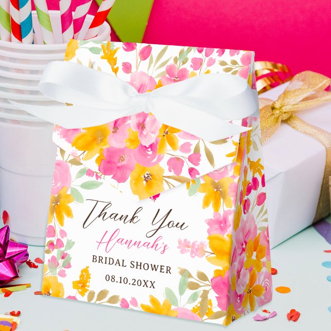 Trädgård gul rosa blomster vattenfärg bröllopsdusc presentaskar (Garden yellow pink floral watercolor bridal shower favor box)