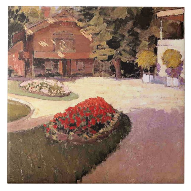 Trädgård i Yerres, finkonst målning, Kakelplatta (Framsidan)