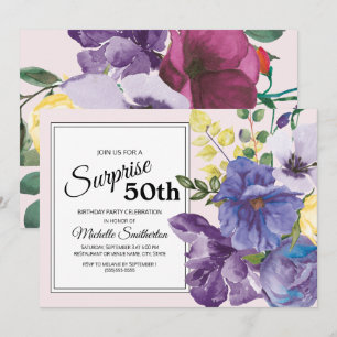 Trädgård Lila Gul Rosa Blommig 50-årsdag Inbjudningar