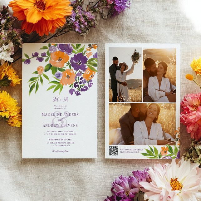 Trädgård Lila Orange Blommig fotos Qr-kod bröllop Inbjudningar (Garden Purple Orange Floral photos Qr code wedding Invitation)