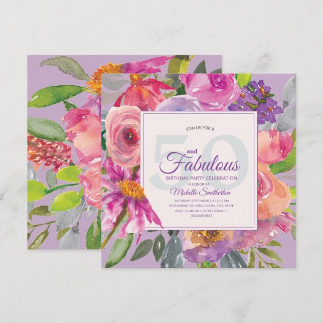 Trädgård Lila Rosa Blommig 50 och Fantastisk Inbjudningar (Fram/baksida)