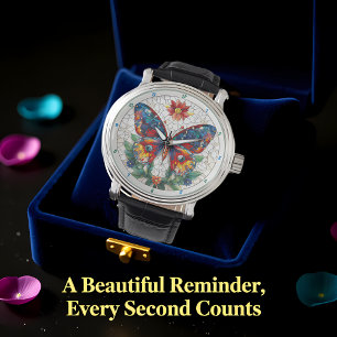 Trädgård med ädelstenar Stained Glass Fjäril Blomm Armbandsur
