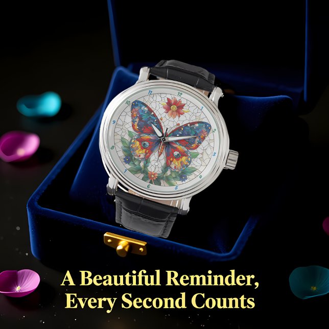 Trädgård med ädelstenar Stained Glass Fjäril Blomm Armbandsur (Skapare uppladdad)