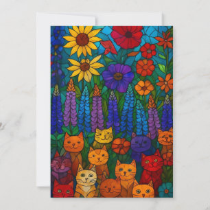 Trädgård med katter Glasmosaik Kattkonst med blomm Anteckningskort