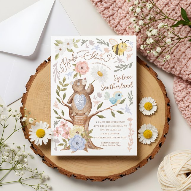 Trädgård med knittat Blommigt Babyskor Inbjudningar (Cute Floral Woodland Knitted Bear Baby Shower Invitation)