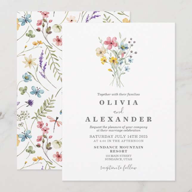 Trädgård med vilda blommor blommig inbjudan (Fram/baksida)